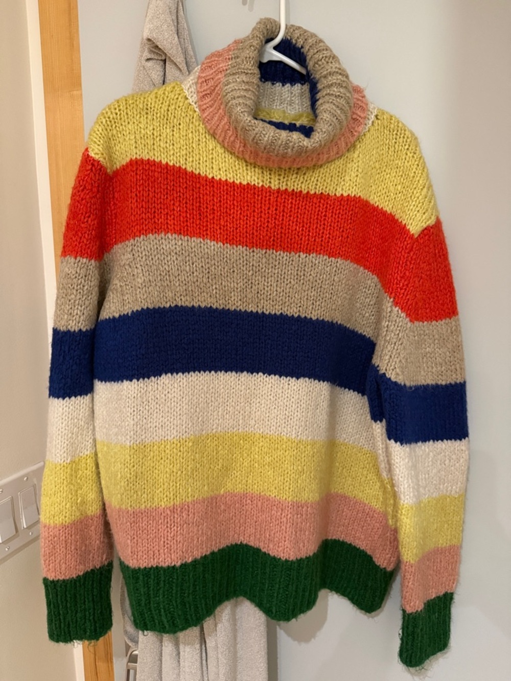 Anthropologie Cozy Striped Cowl-Neck Sweater in Red, Blue, Green & Neutrals